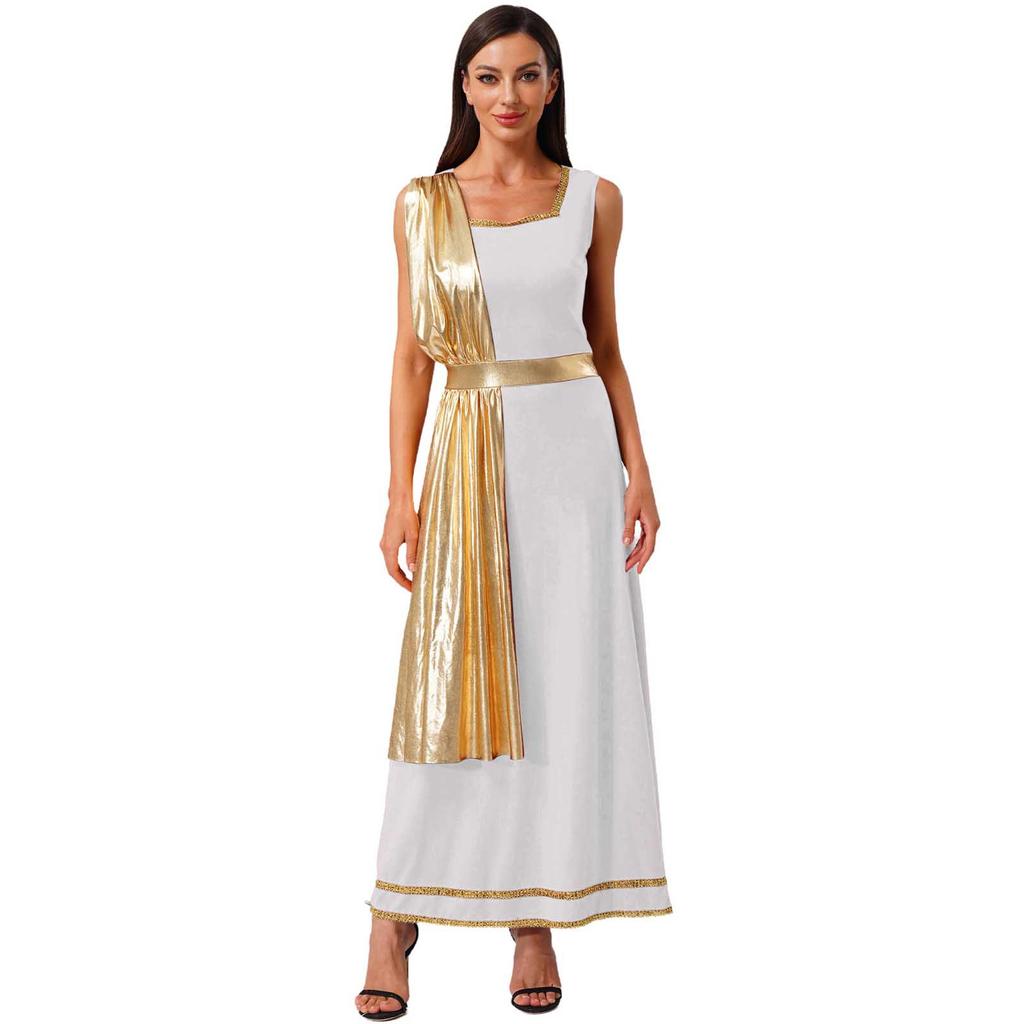 Womens Greek Roman Tunic Dress Square Neck Sleeveless Gold Trim Metallic Shiny Drape Robe Toga Halloween Costume