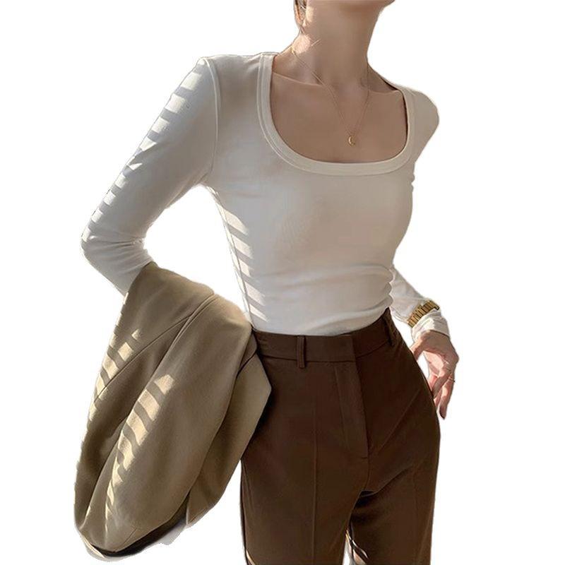 Women's White Square Neck Long Sleeve Slimming Top – Sexy Autumn Base Layer