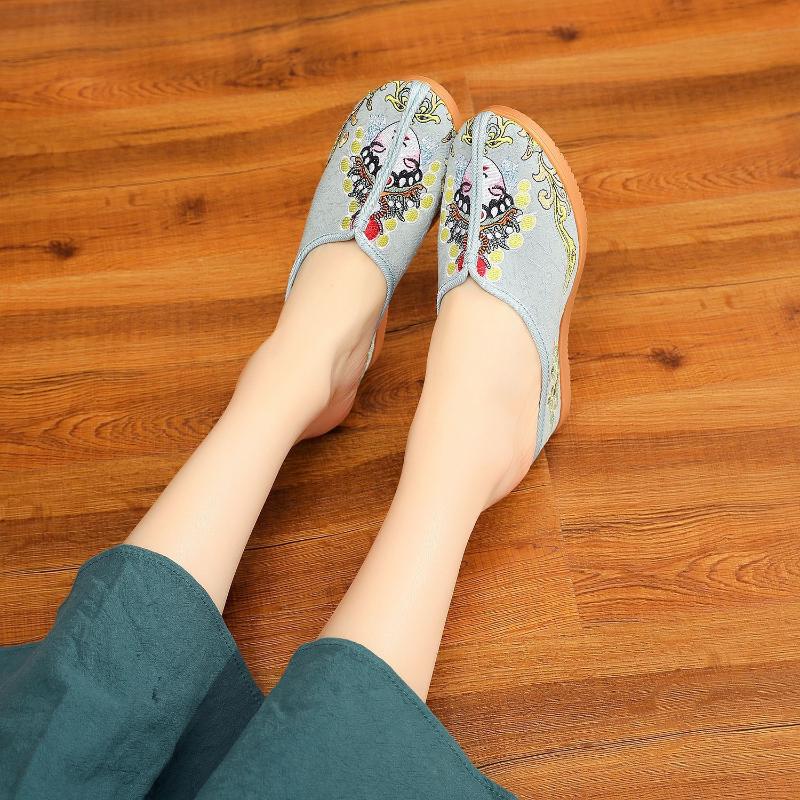 Casual High Heel Embroidered Slippers Woman Chinese Style Theatrical Face Oxford Flat Women's Shoes Home Slippers Wedge Shoes