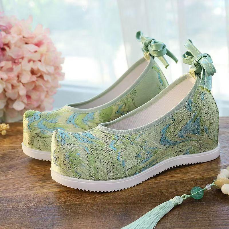 Woman New Chinese Style Retro Hanfu Shoes Increased Internal Shallow Ankle Strap Cocked Shoes Toe Horse-Faced Skirt Shoes