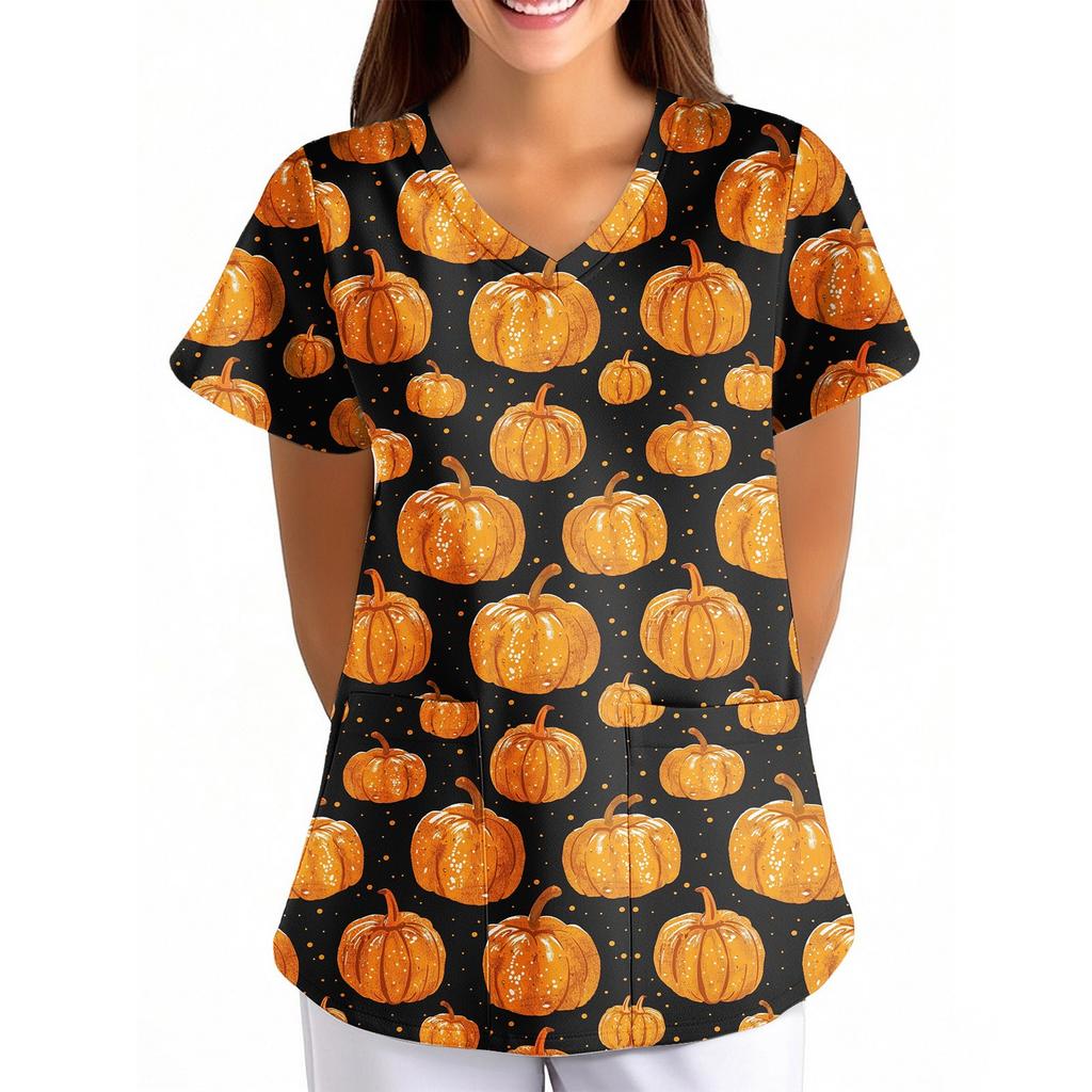 Women's Halloween Printed Loose V-Neck Pocket Short SleevUniform Uniform