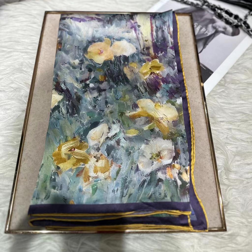 Bysifa|Blue Green Ladies 100% Silk Scarf Fall Winter Oil Painting Floral Style Large Scarves Shawls Fashion Summer Beach Cape