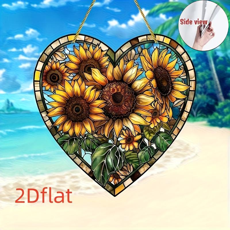 2D Flaches Dorfstil Sonnenblumen Herzförmiges Acryl Dekorationsschild Geeignet für Wanddekoration, Veranda, Zimmer, Villa, Akzente Zuhause, Flur, oder Arbeitsplatz