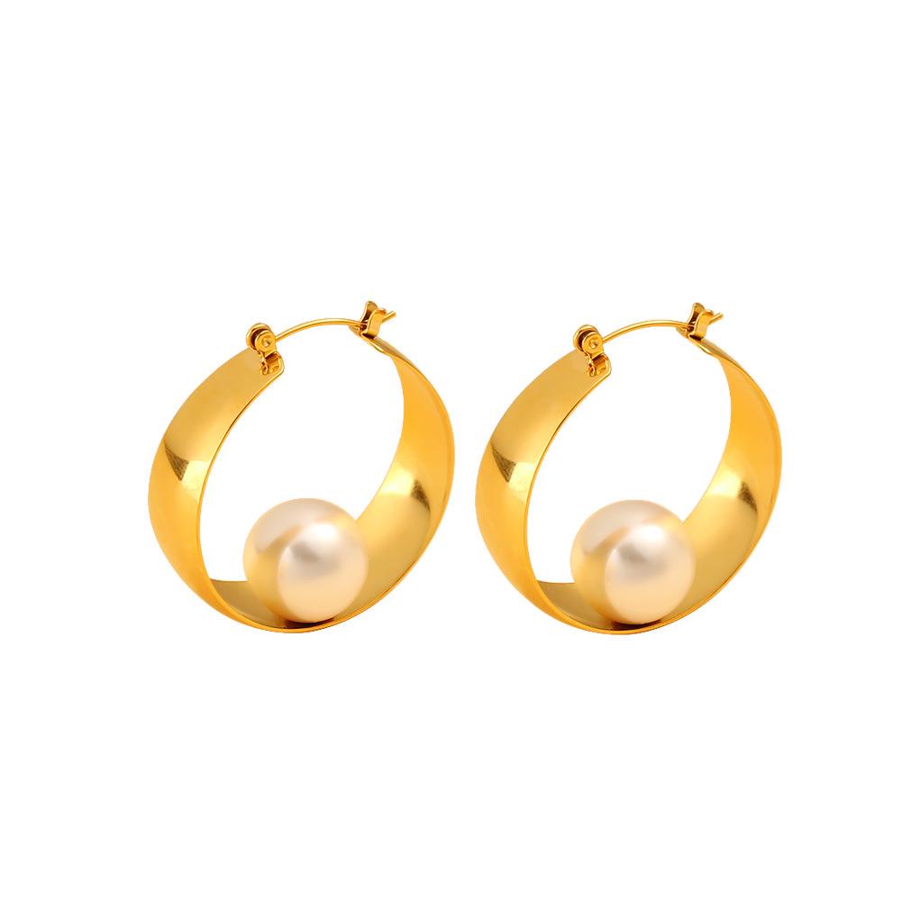 18K High-Grade Stainless Steel Pearl Hoop Earrings - Luxurious Summer Style золотой