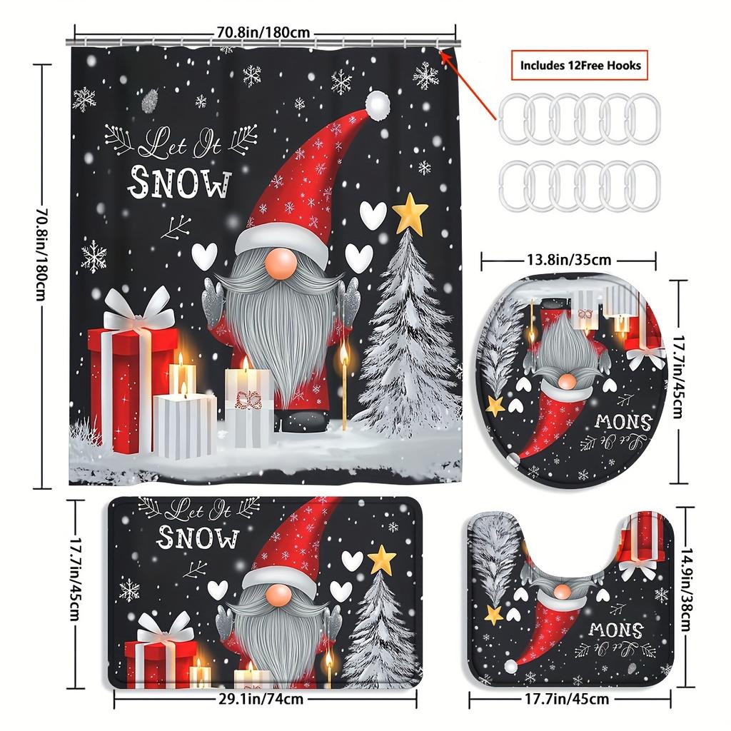 4Pcs Bathroom Shower Curtain Set Christmas Gnome Print Bathroom Curtain With 12 Hooks Non Slip Rugs Toilet Cover Mat Bathroom Partition