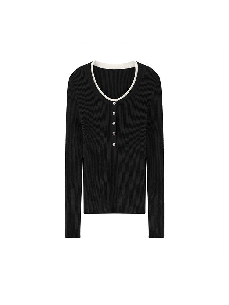 Elegant 60s Count Wool Round Neck Slimming Sweater - Women's Spring/Autumn Style, Faux Two-Piece Design