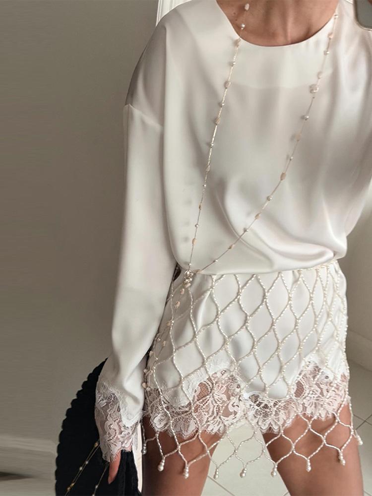Fashion Solid Color Satin Pearl Mesh Two Piece Set Trendy Long Sleeve Lace Trim Top Fringe Mini Skirt Woman Party Bridal Outfit