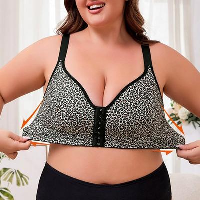 Women Plus Size Front Buckle Leopard Print Bra with Adjustable Shoulder Strap