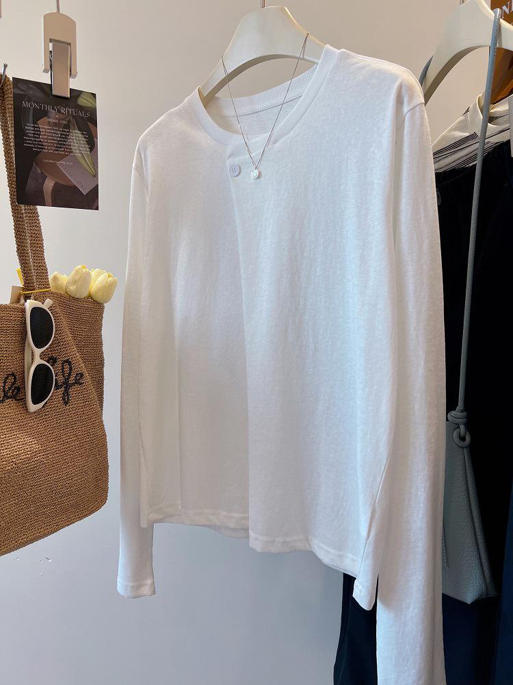 Cross-Season Pure Cotton Korean Double Gauze Long Sleeve T-Shirt for Women - Early Autumn Button Design