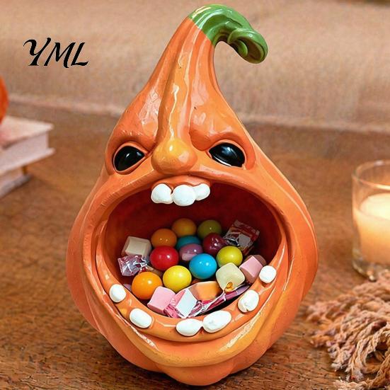 Holiday Desk Ornament Big Mouth Pumpkin Storage Box, Halloween Figurine Resin Jewelry Tray, Candy Holder Trinket Keys for Home Office Decor
