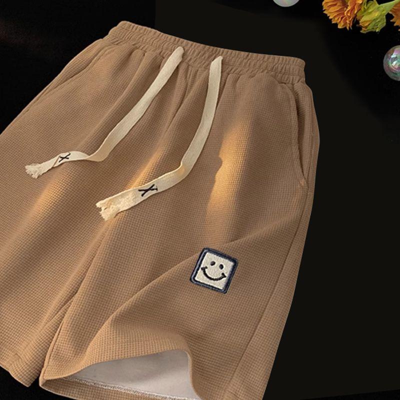 Pánské letní vaflové jednoduché kraťasy se stahovací šňůrkou, sportovní pět kalhot, volné rovné kalhoty Tide Ins