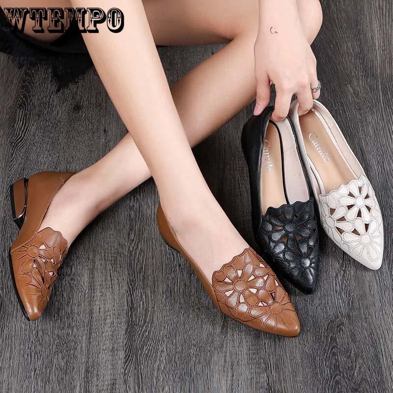 Soft Leather Carved Hollow Women's Leather Shoes Moccasin Work Shoes Cusp Thick Heel Soft Sole Sandals Comfortable Fashion Spring Summer
