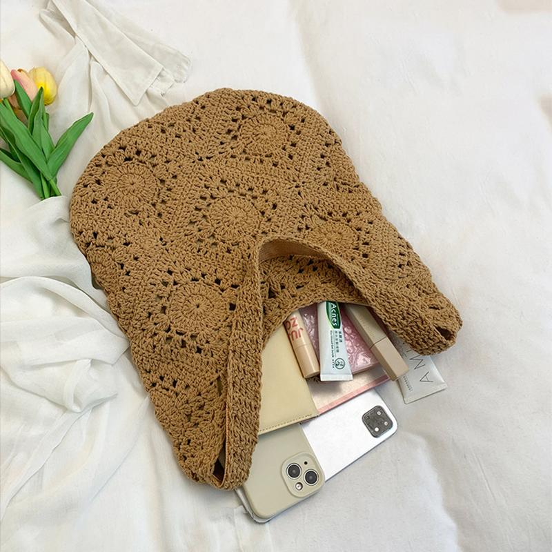Women Woven Bag Chic Hobo Bag Large Capacity Weaving Shoulder Purse Stylish Hollow Out Handbag Vacation Bag