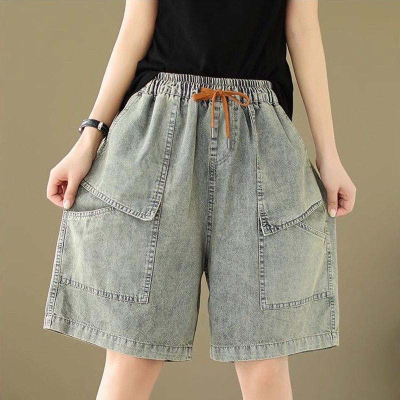 Cotton Shorts Women Summer Big Size Pants Vintage Loose High Waist Elastic Denim Wide Leg Skirt Pants