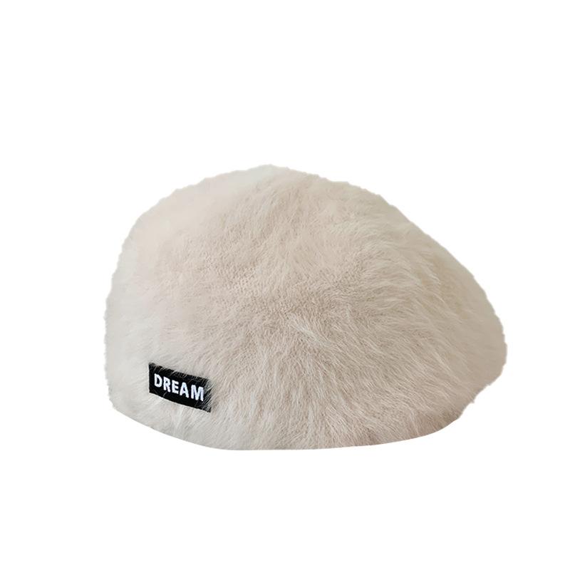 Women's Autumn and Winter Versatile Plush Beret with Big Head and Small White Hat Showing Off Their Face