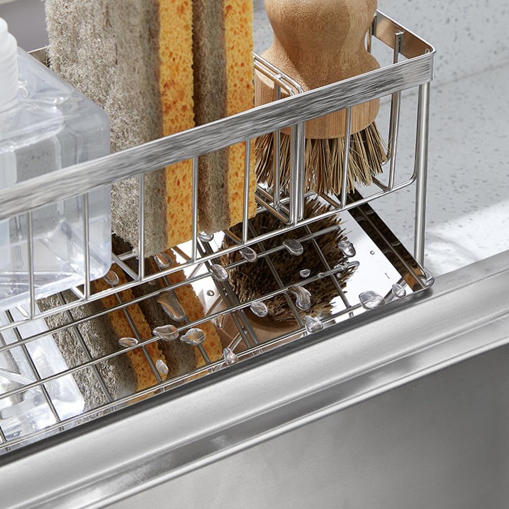 SUGGEST Sponge Rack with Water Flowing Diagonal Tray Stainless Steel with Dividers Sponge Holder Sponge Rack Detergent Rack Sponge Holder Kitchen Sink