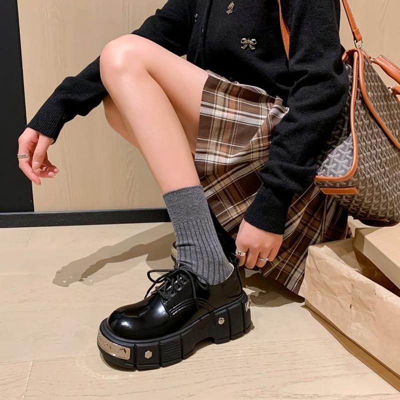 Fashion Women's new genuine leather cowhide thick soled waterproof platform high heels lace up college style single shoes casual shoes