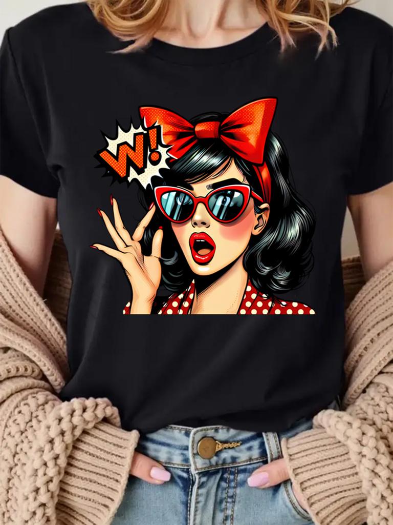 Retro Pop Art Woman Graphic T-Shirt Vintage 50s Pin Up Style Casual Short Sleeve Tees Funny Comic Book Tops for Women