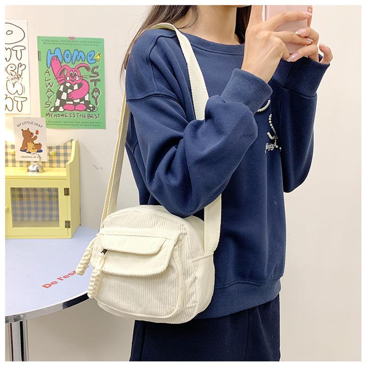 Corduroy Crossbody Bag for Women Casual Shoulder Messenger Bag Small Square Purse with Front Flap Pocket Adjustable Strap Lightweight Daily Handbag