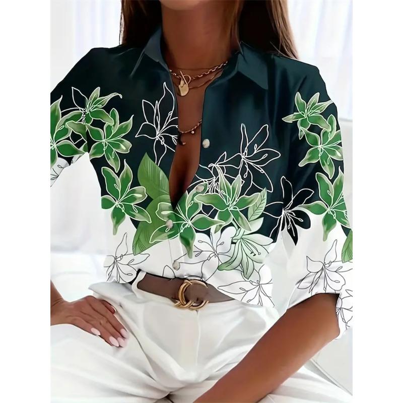 Boutique Pattern Printed Button Long Sleeve Women's Shirt Vintage Elegant Office Fashion Large Size Women's Daily Lapel Shirt