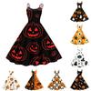 Women Halloween Printed Off Shoulder Vintage Punk Dress Sleeveless Swing Dress Party Dress with Adjustable Straps