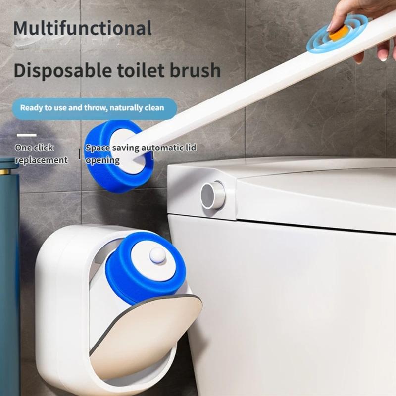 Disposable Toilet Brush with Sponges Head Not Drill Wall Mounted Easy 1 Touches Replacement for Hygienic Bathroom Cleaning