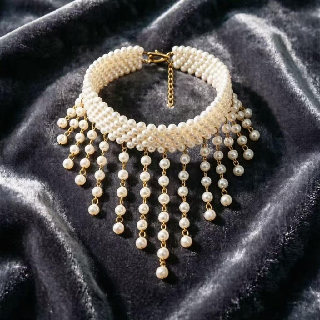 French Court Tassel Embroidered Pearl Choker Wedding Gown Necklace