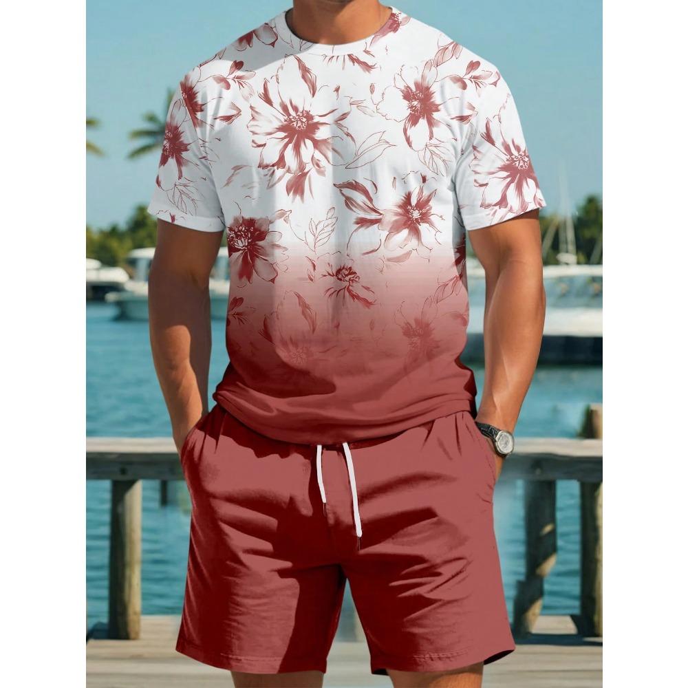 Summer Men Tropical Floral Print Round Neck Short Sleeve Casual T-Shirt And Shorts Set Beach Outfit Men Beach Tops Shorts Suit
