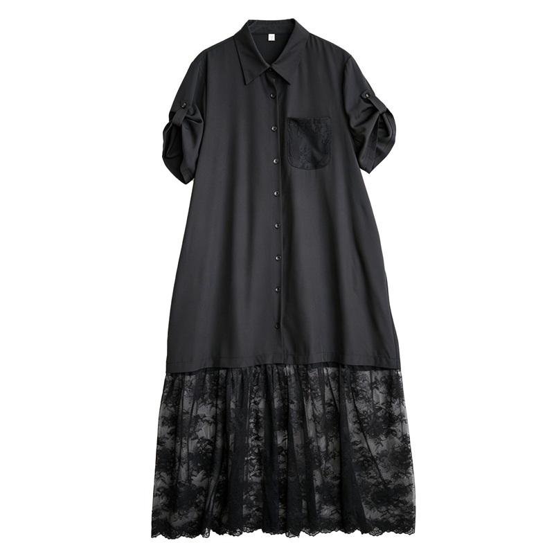 Kurzarm Übergröße Baumwolle Spitze Vintage Schwarz Neu in Kleider für Damen Freizeit Locker Lang Sommer Hemdbluse