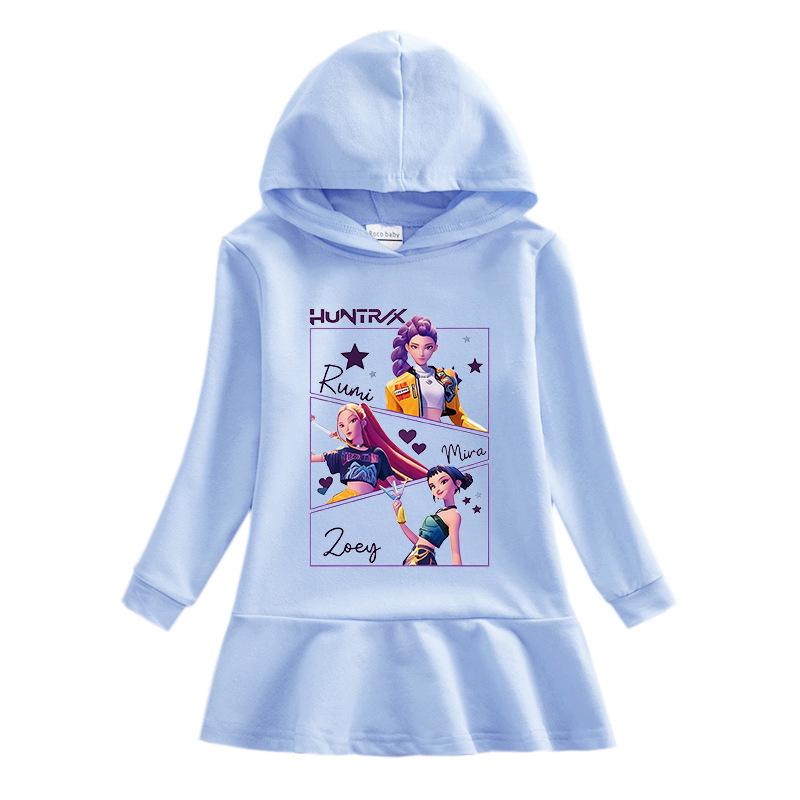 Kpop Demon Hunter Girl Cartoon Rainbow Ruffle Dress – Long Sleeve Hooded Princess Dress for Spring/Autumn