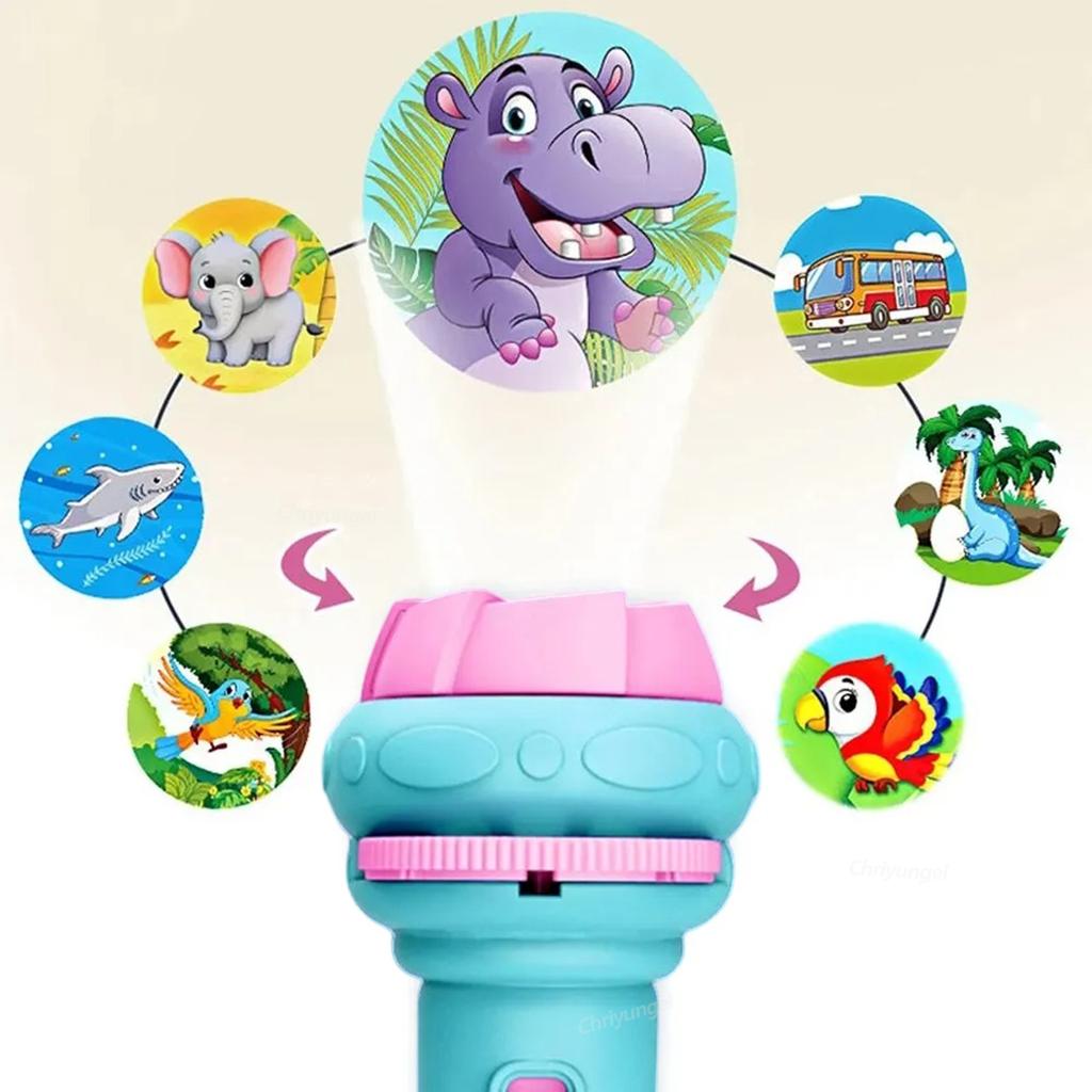 Kids Cartoon Projector Flashlight with 10 Cards 80 Patterns, Bedtime Educational Projection Night Light Toy for Toddler Boys Girls