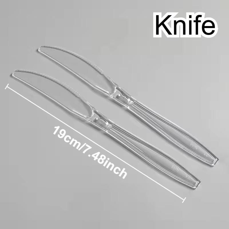 

100PCS Disposable Knives Forks Spoons Transparent Household Kitchen Plastic Tableware Dessert Ice Cream Birthdays Cakes Tools 100PCS