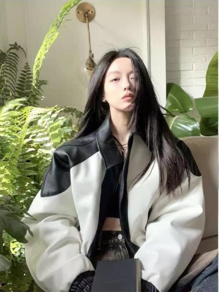 Damen Vintage China-Chic Schwarz Weiß Kontrast Spleiß PU Lederjacke Weiblich Frühling Herbst Mode Lockeres Design Langarm Mantel