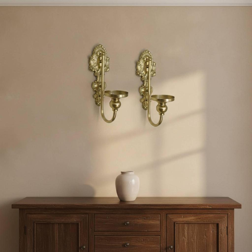 2 Pieces Wall Candle Sconce Vintage-Style with Scrollwork Gold