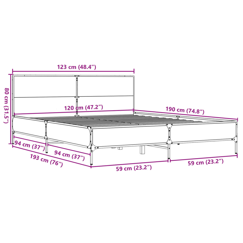Bed Frame Grey Sonoma 120 x 190 cm Particleboard and Metal