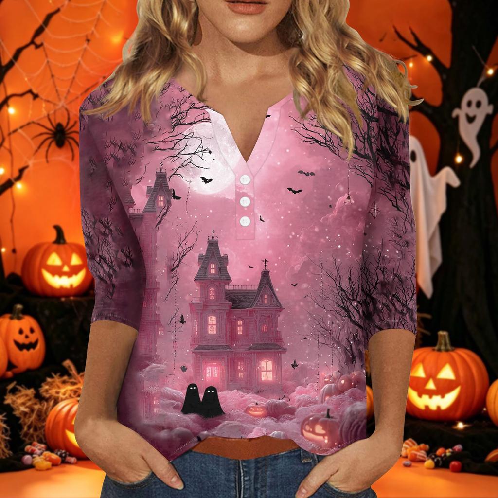 Women's Halloween Print V-Neck Short Sleeve T-Shirt with Decorative Buttons for Casual Fall Outfits