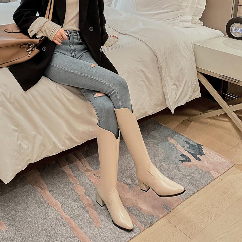 Women's High-heeled Boots Autumn and Winter Temperament Versatile Thick Heel Solid Color Large Size Medium Boots