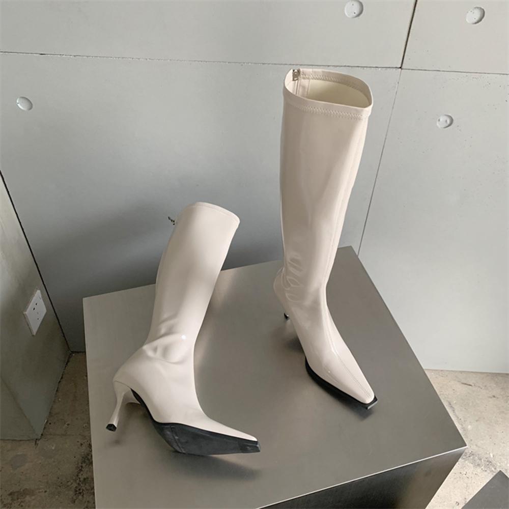 Fashion Patent Leather Women Knee High Boots Pointed Toe Knight Botas Thin High Heels Back Zipper Black Red Beige Soft Party Winter Bota