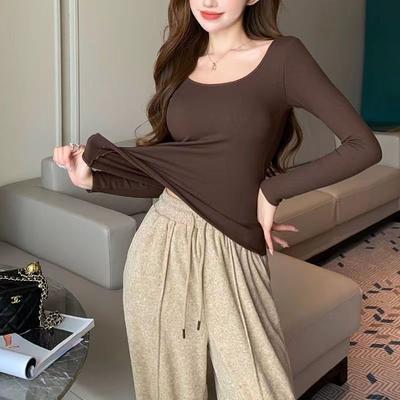 Korean Version with Chest Pad Winter Long Sleeve Woolen Warm and Fleece Thickened Square Collar Collarbone with Bottom Coat Long Sleeve Top