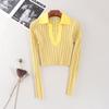 American Lapel Lemon Yellow Long Sleeves Knitwear Big Pit Strip Silm Short Sexy Deep V Pullover Tops