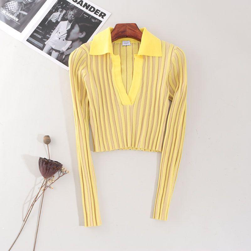 American Lapel Lemon Yellow Long Sleeves Knitwear Big Pit Strip Silm Short Sexy Deep V Pullover Tops
