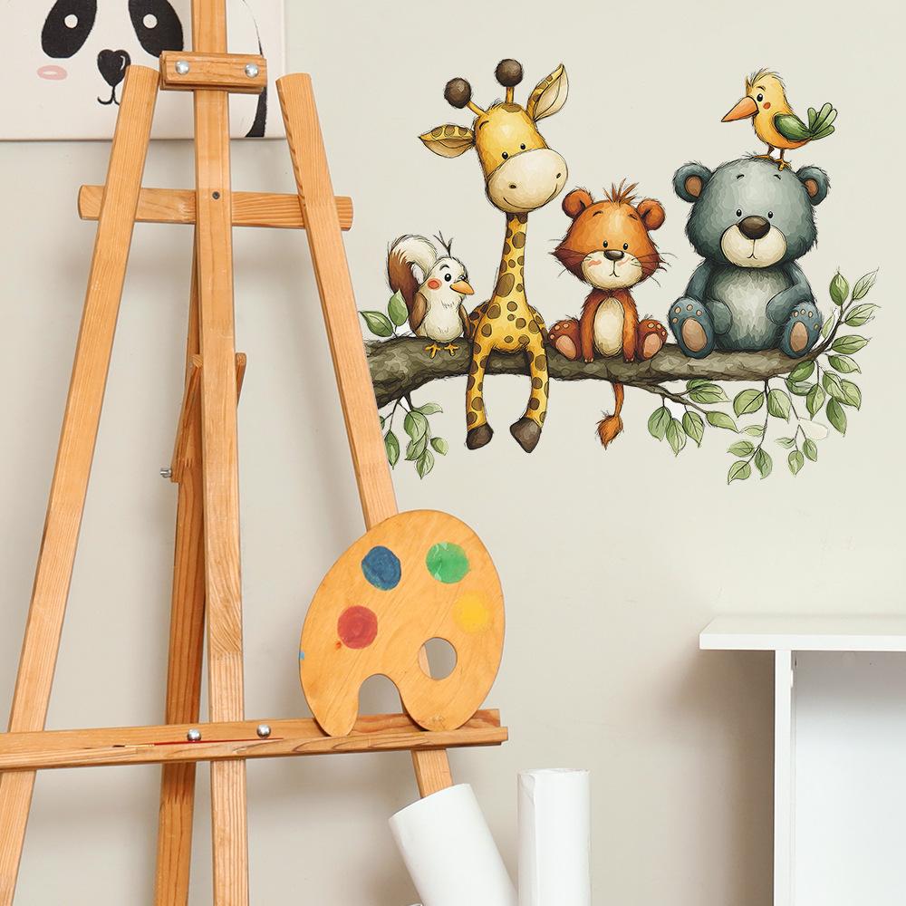 Self-adhesive Wall Stickers Cute Little Animals Sitting On Branches for Kids Room Bedroom Home Decor