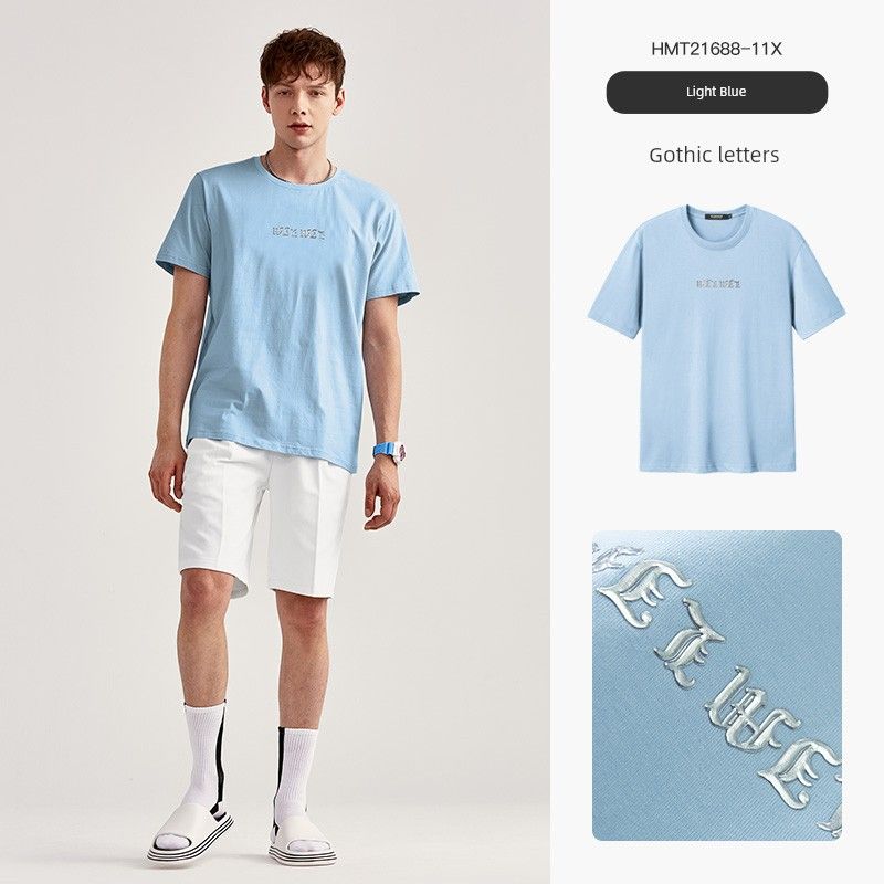 [Pure Cotton] Paper Crane Men's Clothing 2024 Summer Light Blue T-Shirt Men's Summer Loose round Neck Bottoming Shirt 21688