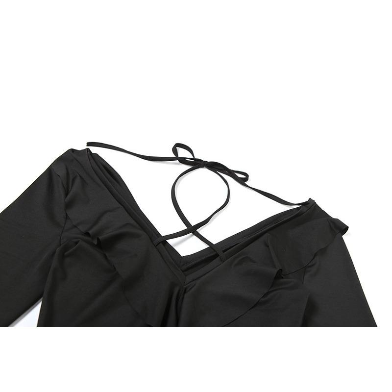 Podzimní a zimní dámské sexy šaty s hlubokým výstřihem do V na zavazování, úzká sukně, jednobarevné, s dřevěným okrajem, s dlouhým rukávem