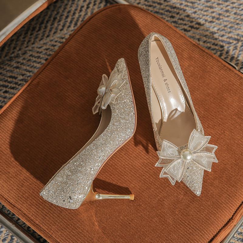 Champagne Gold Crystal Bow High Heels for Women - Elegant French Niche Bridal Shoes