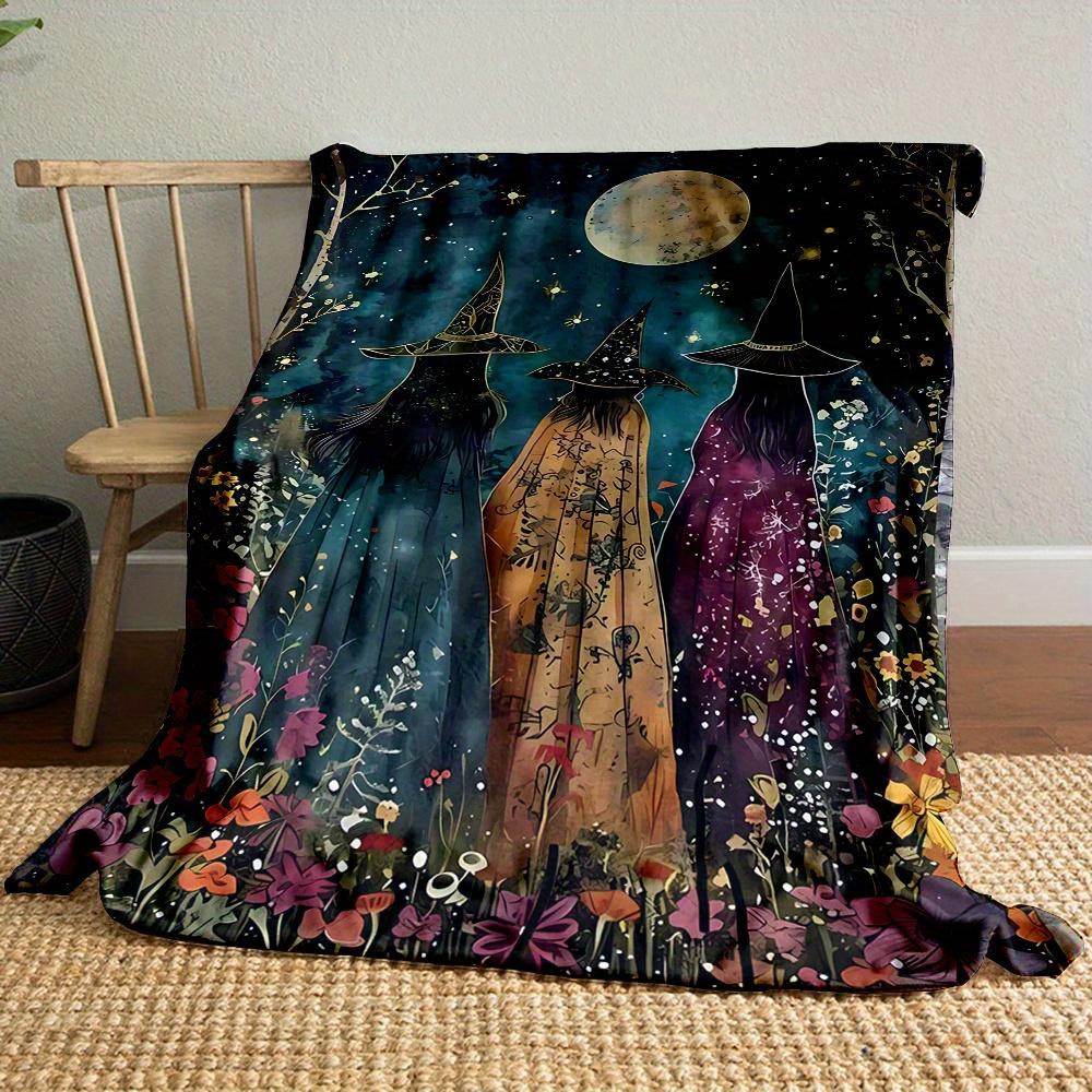 [Travel Friendly Blanket] Reversible Enchanted Forest Witch Trio Flannel Throw Blanket – Travel Friendly, All-Season Cozy, Soft,