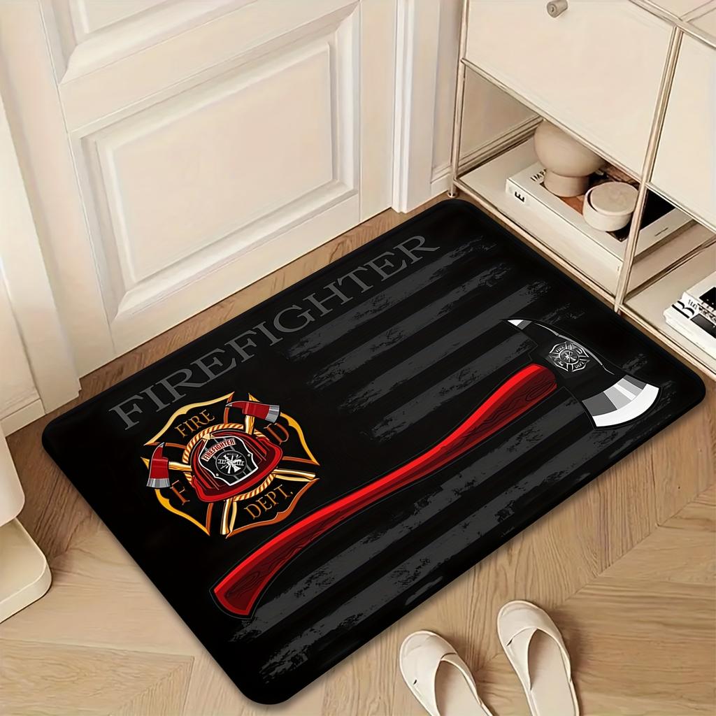 Firefighter Doormat Black Wood Grain Flannel Rug, Fire Department Emblem Non-Slip Machine Washable Door Carpet for Decor