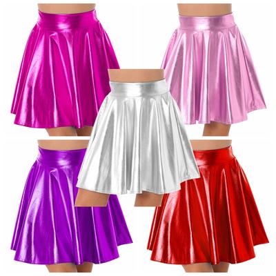 Women's Glossy High Waist Flare Skirt Shiny Metallic Ruffle Costume Party Dancewear