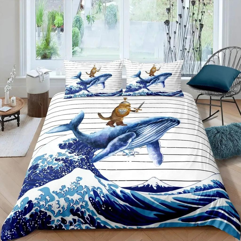 Whale Koi Duvet Cover Set Full Queen SizeSunset Great Sea Wave Bedding SetAnimal Ocean Landscape Japanese Art Comforter Cover