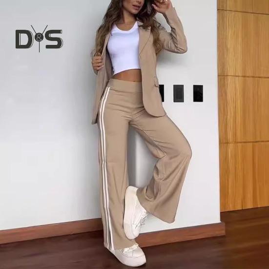 2 Pcs/Set Lady Formal Coat Pants Set Turn-down Collar Long Sleeves Jacket Loose Striped Wide Leg Trousers Casual Daily Wear Commuting Outfit